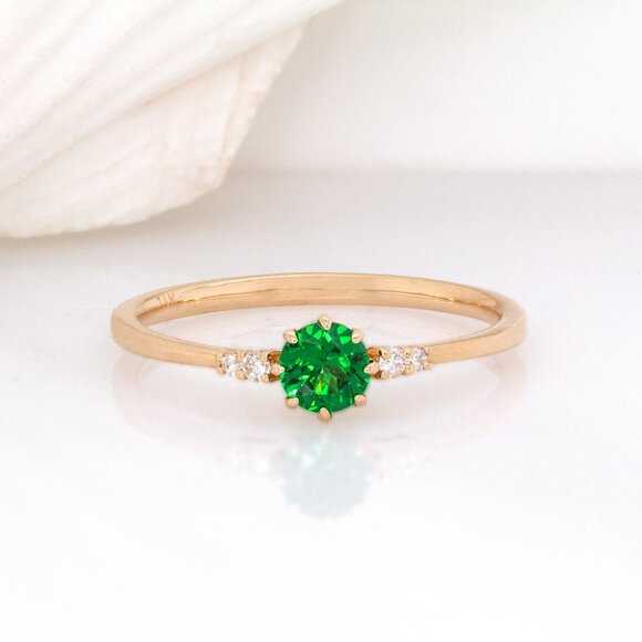 Rare Tsavorite Garnet Ring in 14K Solid Gold with Natural Diamond Accents - Picture 5 of 8
